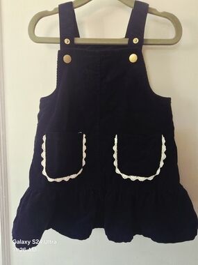 18m Girls Dark Navy Corduroy Pinafore Dress with Lace Pockets